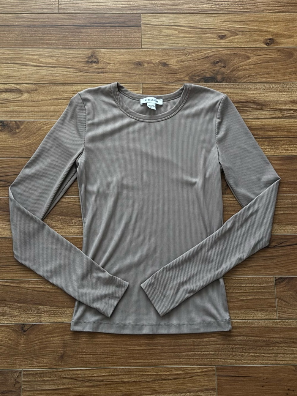 Rebelsugar Taupe Ribbed Long Sleeve Crewneck Top Size S Basic